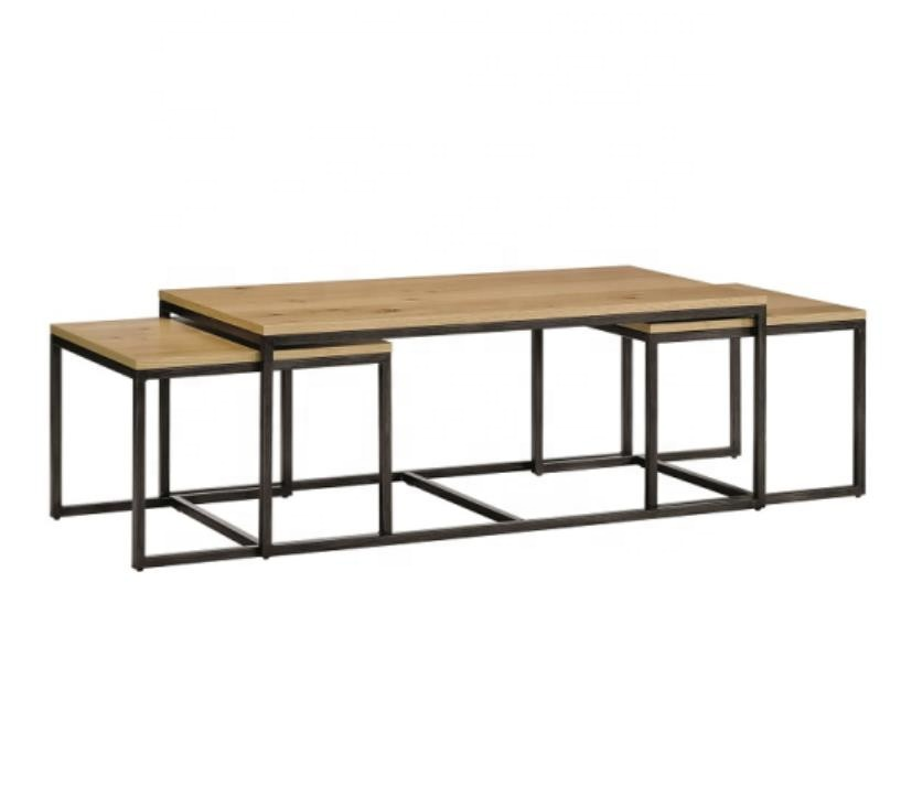 Mesa nido de madera para sala de estar, venta al por mayor, mesa de centro de chapa de roble con patas de Metal