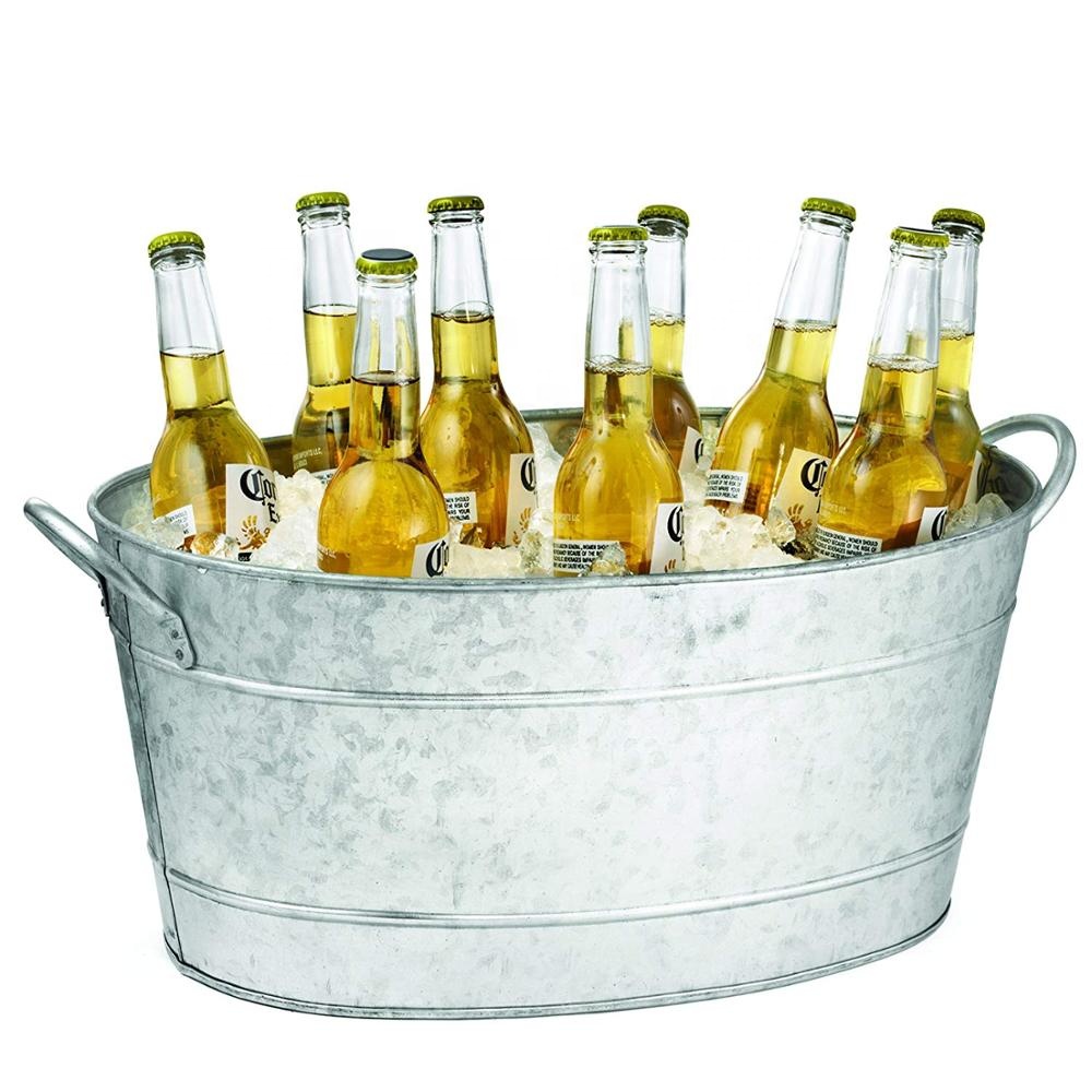 Cubo de lata de cerveza grande galvanizado con hielo con asa, venta al por mayor, Metal redondo ovalado, 10L, usado con flor/planta verde colgante