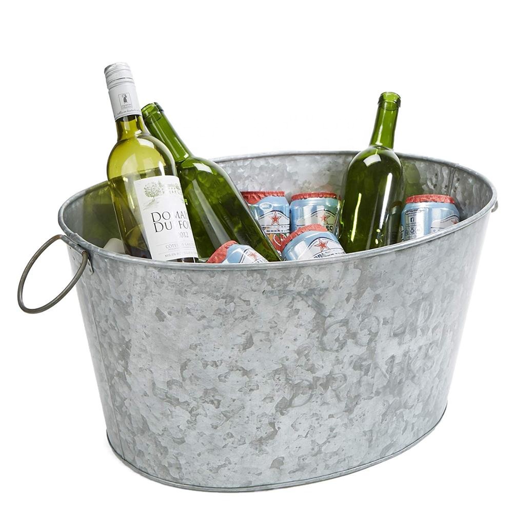 Cubo de lata de cerveza grande galvanizado con hielo con asa, venta al por mayor, Metal redondo ovalado, 10L, usado con flor/planta verde colgante